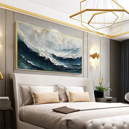OCEAN DREAM: Textured Abstract Ocean Painting in Blue, White, and Gold | black frame version on white wall