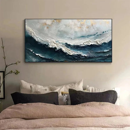 OCEAN DREAM: Textured Abstract Ocean Painting in Blue, White, and Gold | yellow palette, original oil on stretched canvas art
