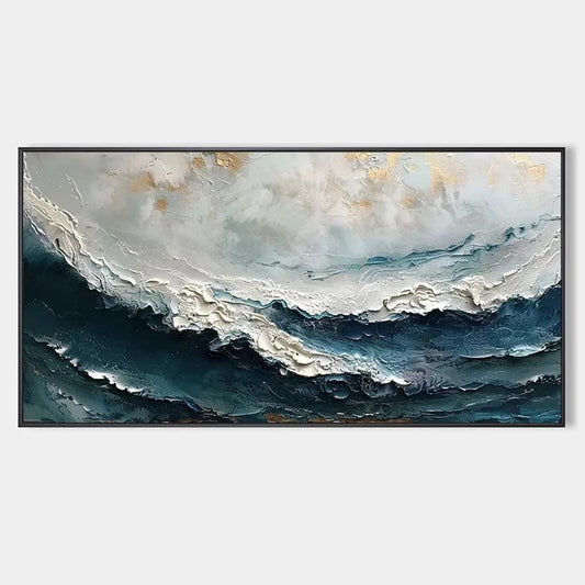 OCEAN DREAM: Textured Abstract Ocean Painting in Blue, White, and Gold | hanging in living room, Abstract wall art