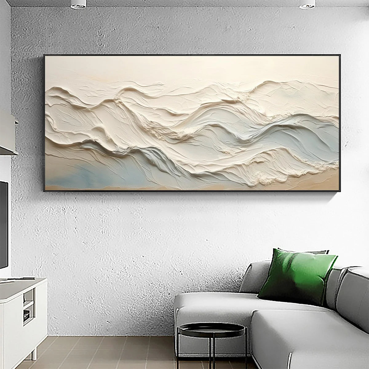 OCEAN ECHOES: Textured Abstract Oil Painting | gold frame stretched on neutral wall