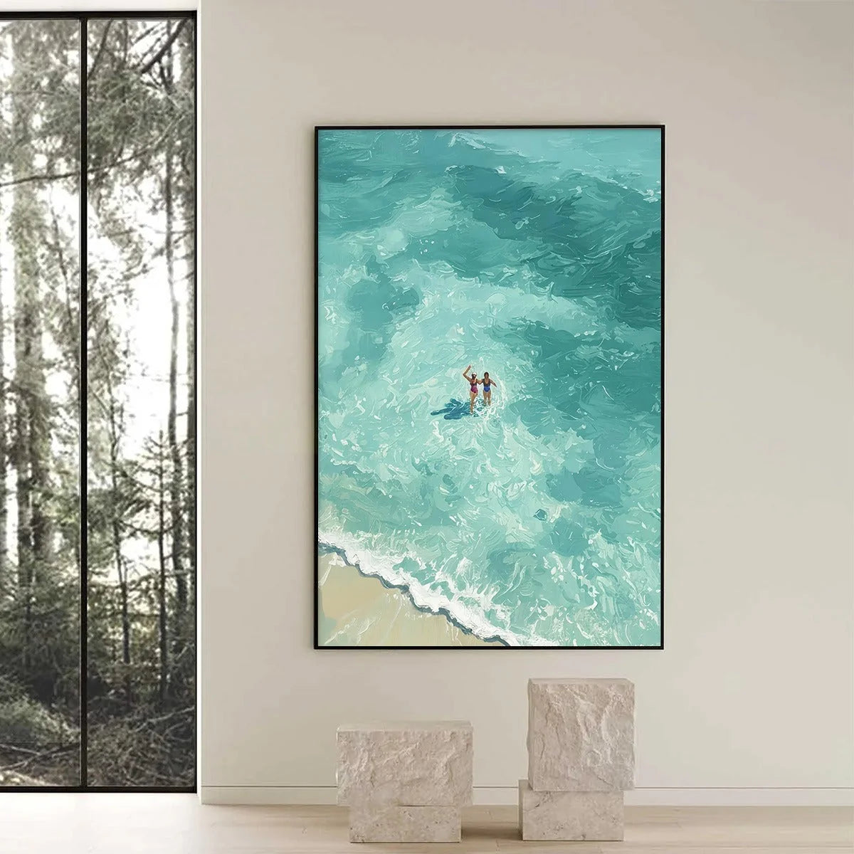 OCEAN EMBRACE: Aerial View Beach Scene with Swimmers Oil Painting | Abstract closeup, raised brushwork detail