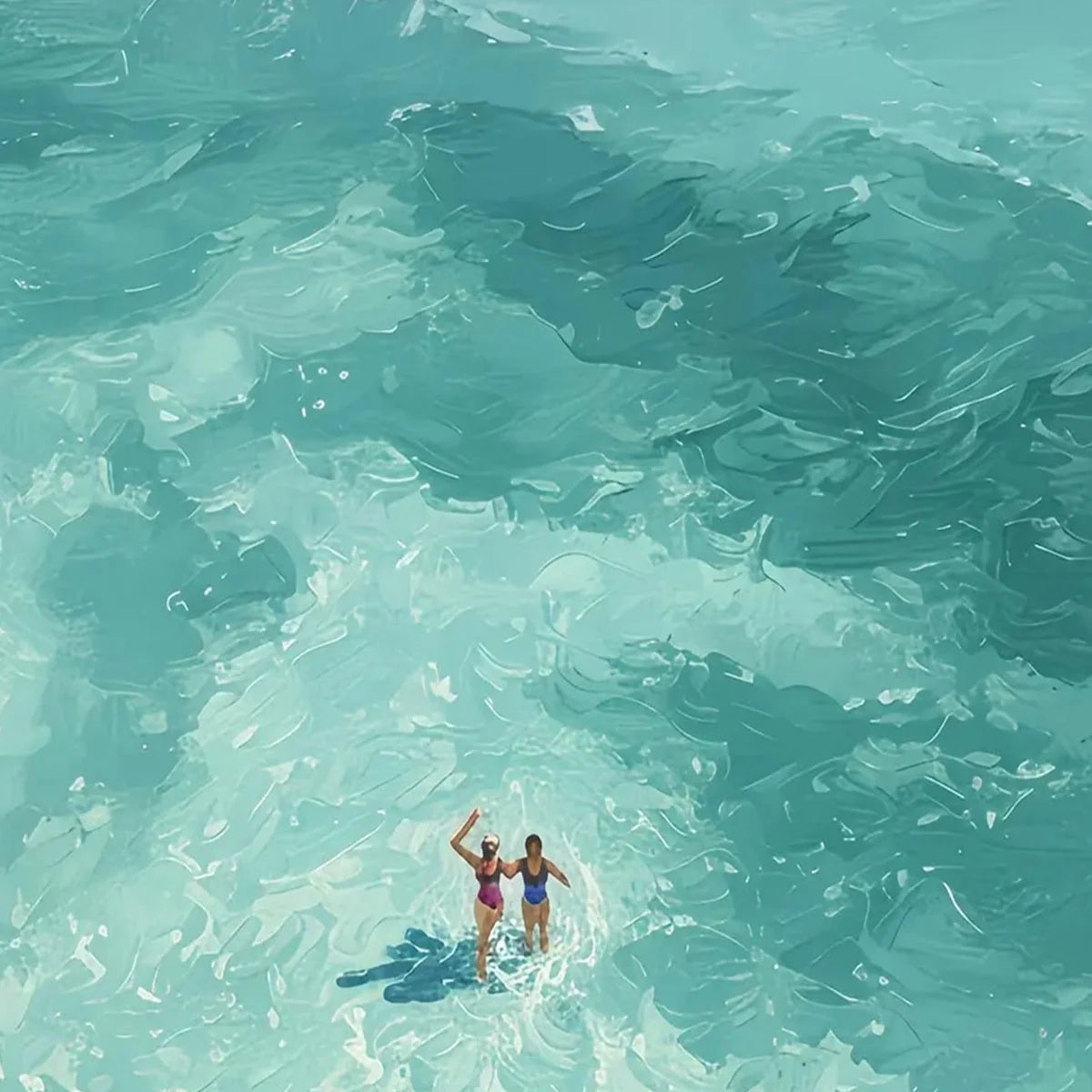 OCEAN EMBRACE: Aerial View Beach Scene with Swimmers Oil Painting | rectangular format, hand-painted canvas edge