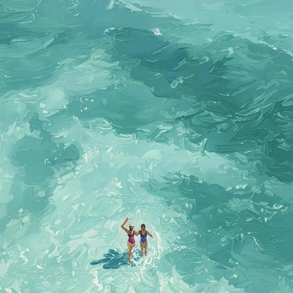 OCEAN EMBRACE: Aerial View Beach Scene with Swimmers Oil Painting | rectangular format, hand-painted canvas edge