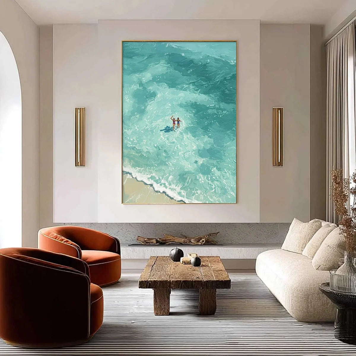 OCEAN EMBRACE: Aerial View Beach Scene with Swimmers Oil Painting | gold frame stretched on neutral wall