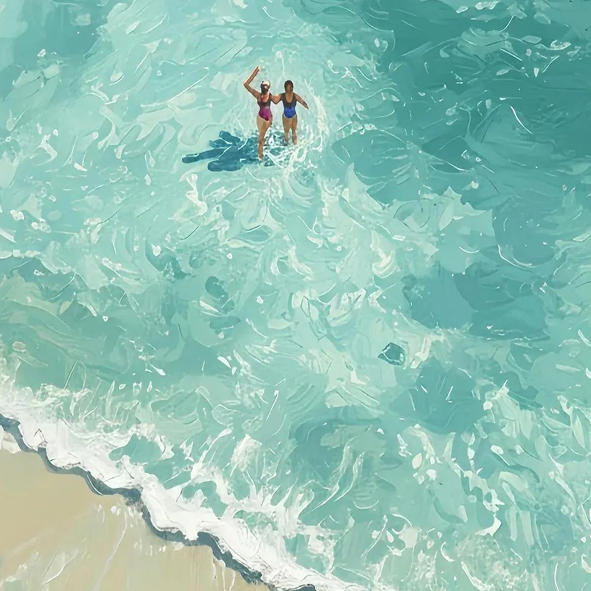 OCEAN EMBRACE: Aerial View Beach Scene with Swimmers Oil Painting | rolled canvas, ready for custom framing