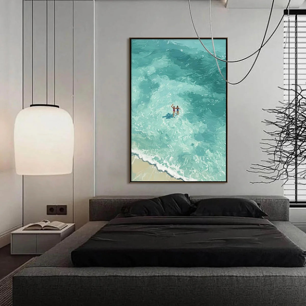 OCEAN EMBRACE: Aerial View Beach Scene with Swimmers Oil Painting | black frame version on white wall
