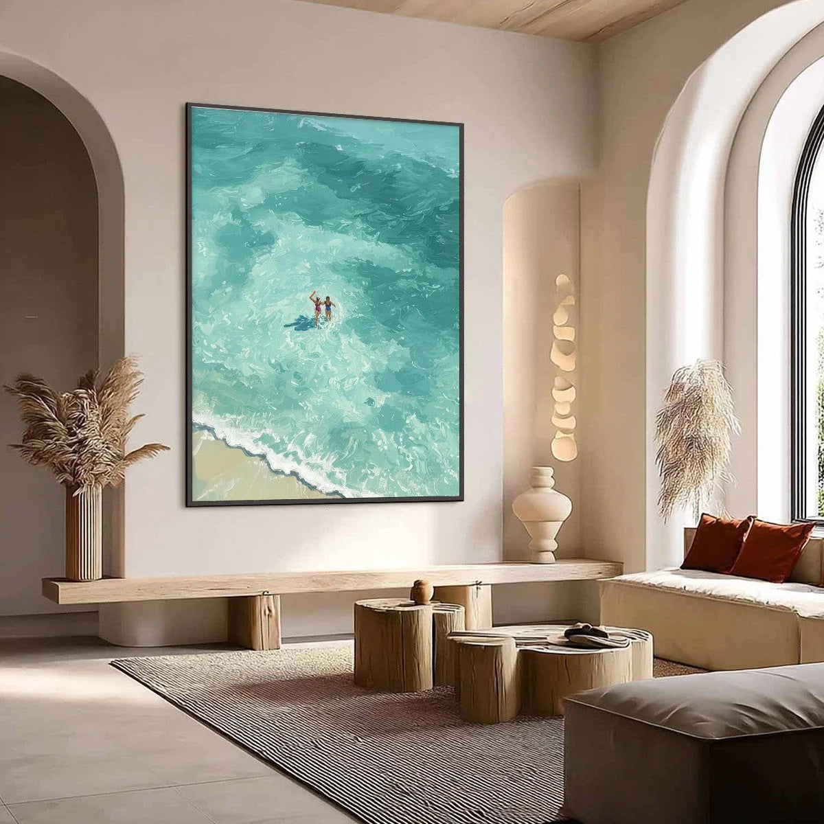 OCEAN EMBRACE: Aerial View Beach Scene with Swimmers Oil Painting | Abstract mood, soft natural light studio shot