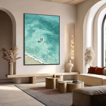 OCEAN EMBRACE: Aerial View Beach Scene with Swimmers Oil Painting | Abstract mood, soft natural light studio shot