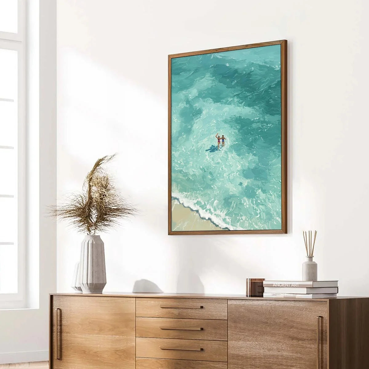 OCEAN EMBRACE: Aerial View Beach Scene with Swimmers Oil Painting | multi-color palette, original oil on stretched canvas art