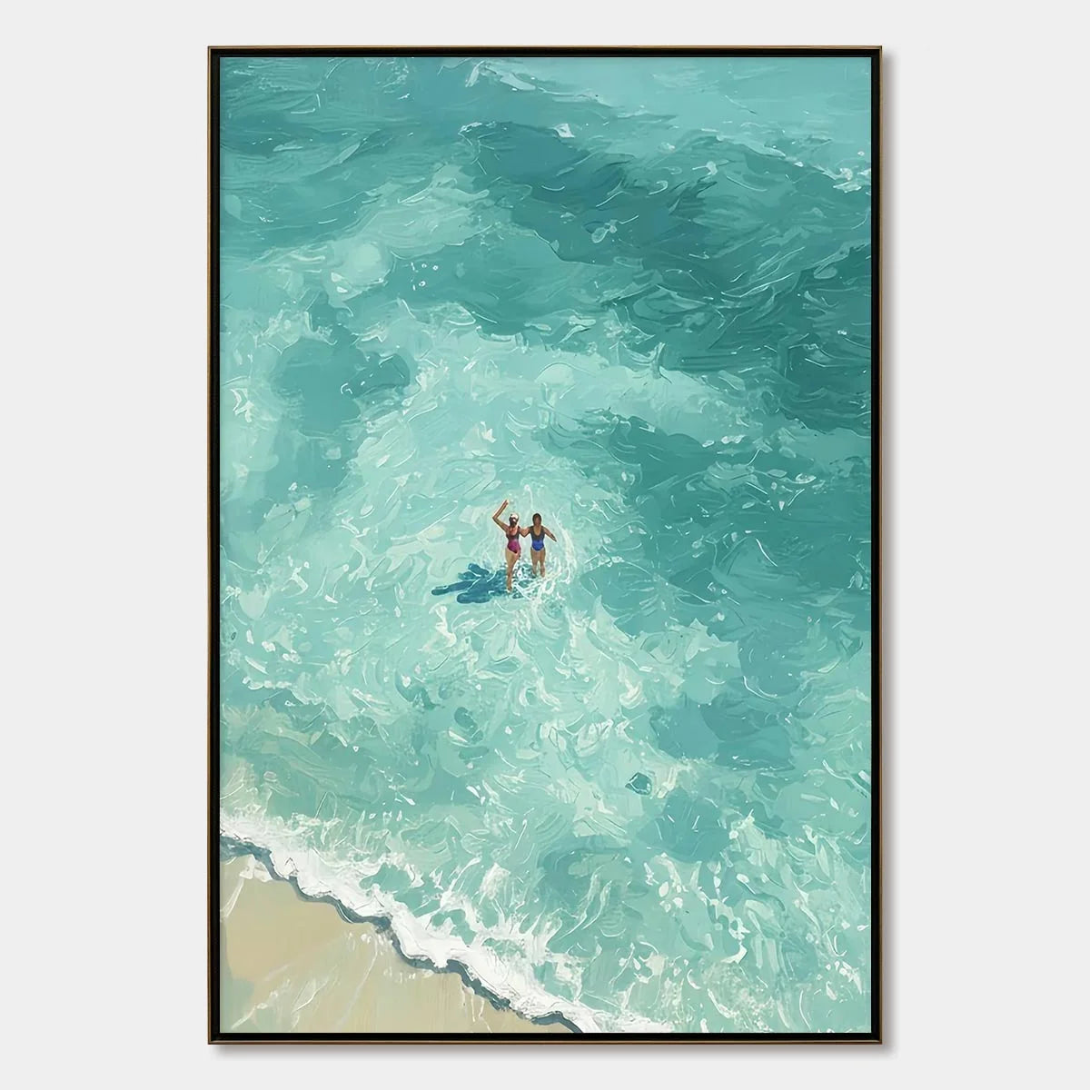 OCEAN EMBRACE: Aerial View Beach Scene with Swimmers Oil Painting | hanging in living room, Abstract wall art