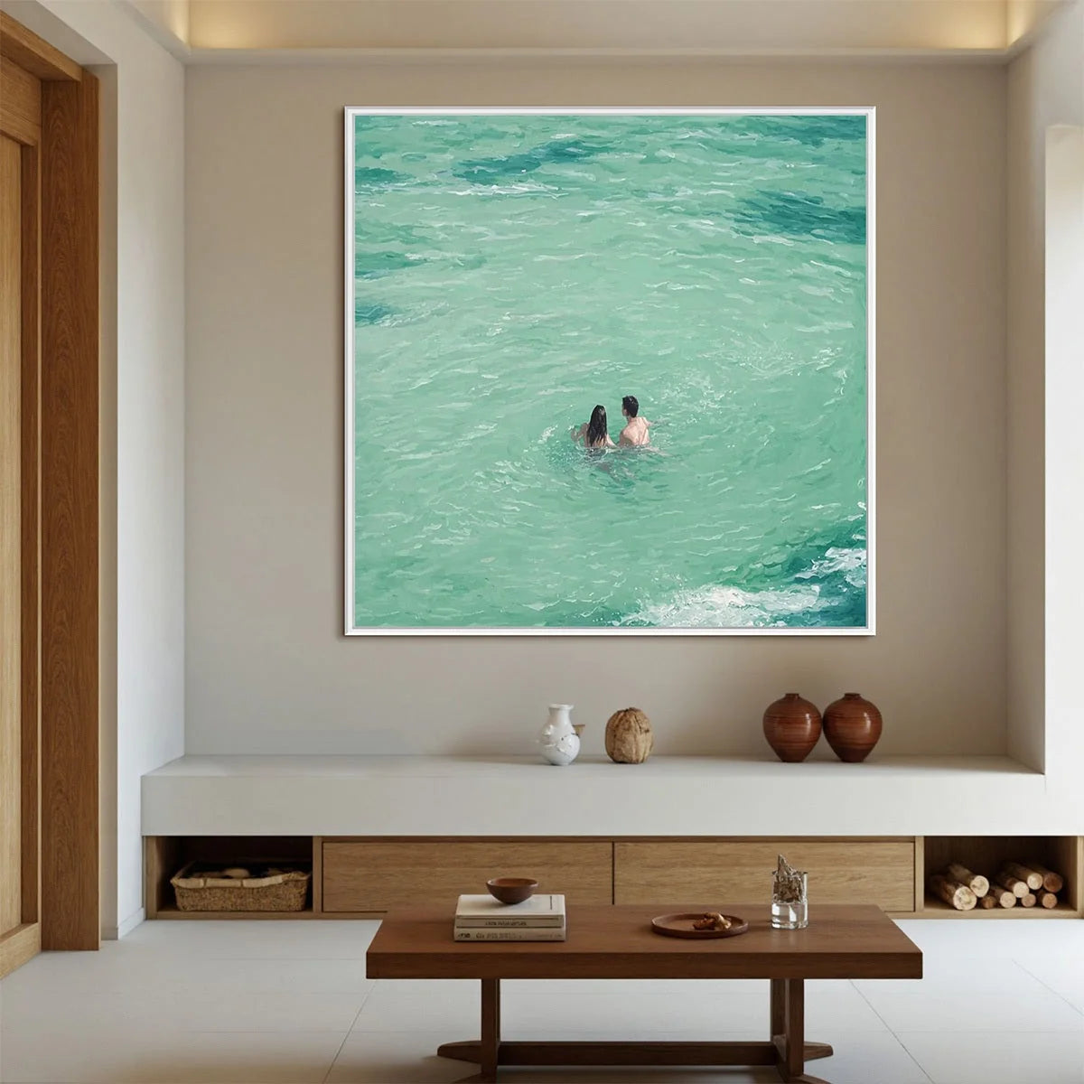OCEAN EMBRACE: Minimalist Beach Scene Oil Painting | Minimalist closeup, raised brushwork detail