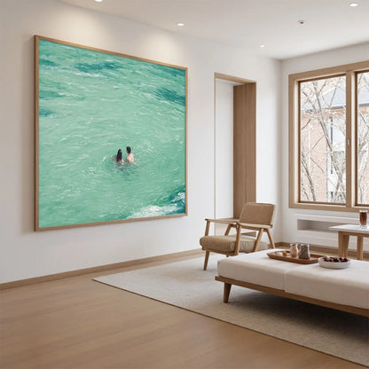 OCEAN EMBRACE: Minimalist Beach Scene Oil Painting | rectangular format, hand-painted canvas edge