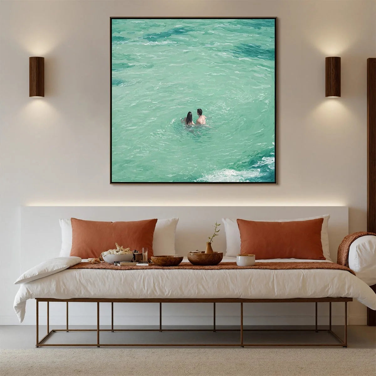 OCEAN EMBRACE: Minimalist Beach Scene Oil Painting | gold frame stretched on neutral wall