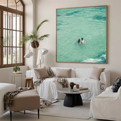 OCEAN EMBRACE: Minimalist Beach Scene Oil Painting | rolled canvas, ready for custom framing
