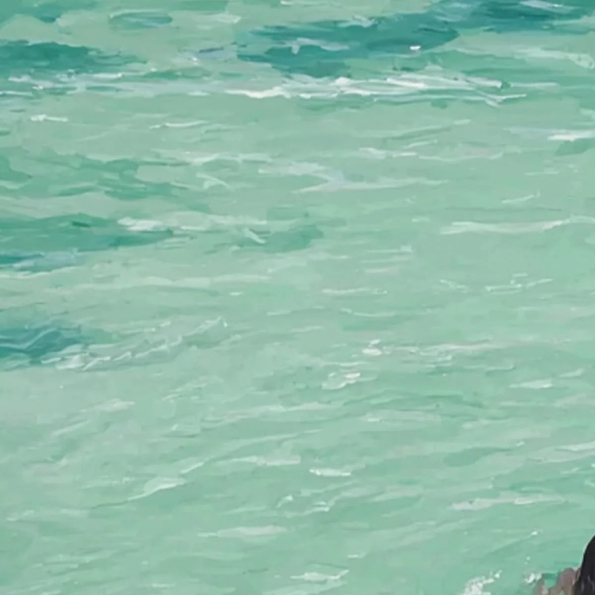 OCEAN EMBRACE: Minimalist Beach Scene Oil Painting | black frame version on white wall
