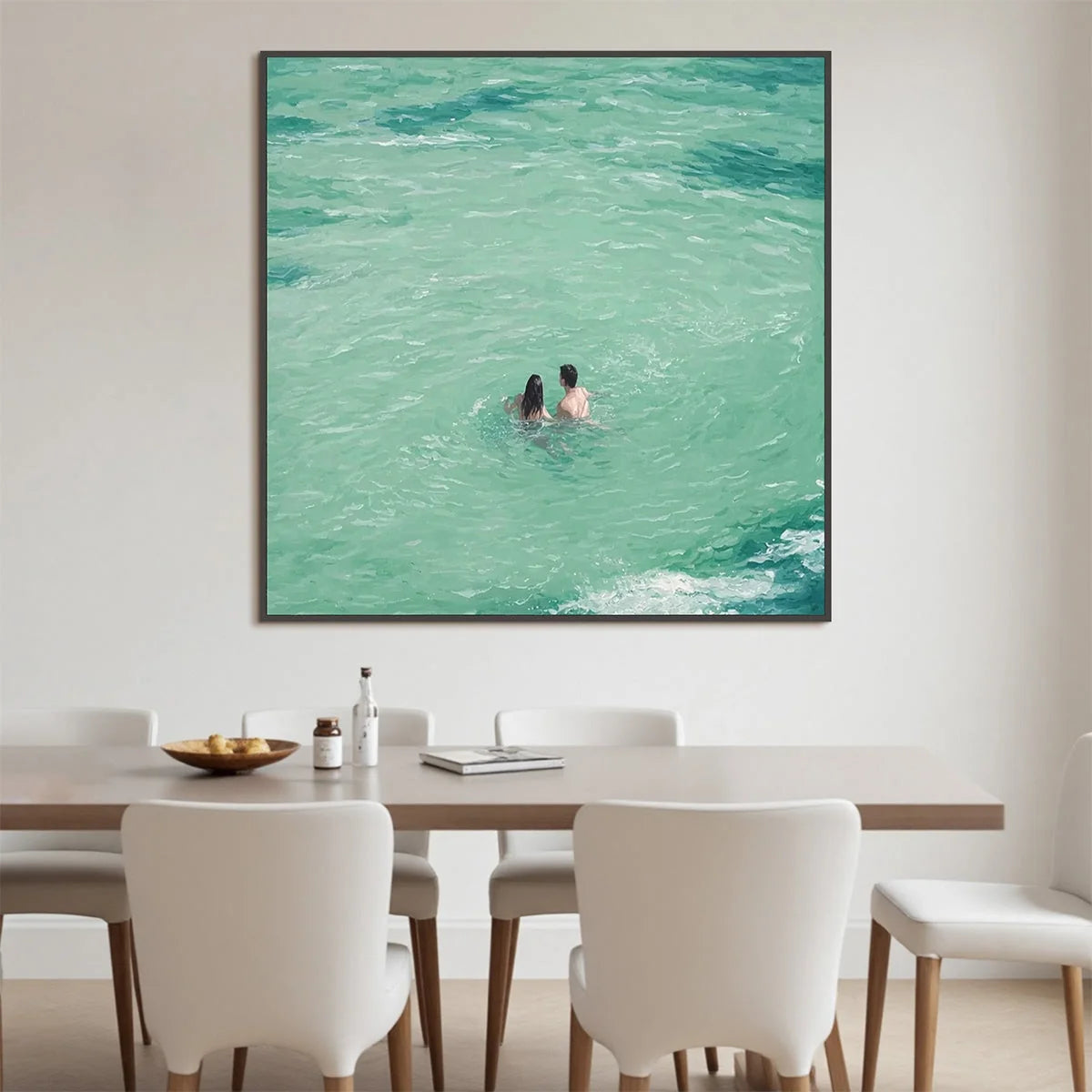 OCEAN EMBRACE: Minimalist Beach Scene Oil Painting | Minimalist mood, soft natural light studio shot
