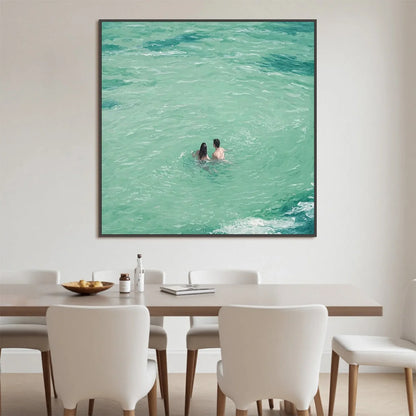OCEAN EMBRACE: Minimalist Beach Scene Oil Painting | Minimalist mood, soft natural light studio shot