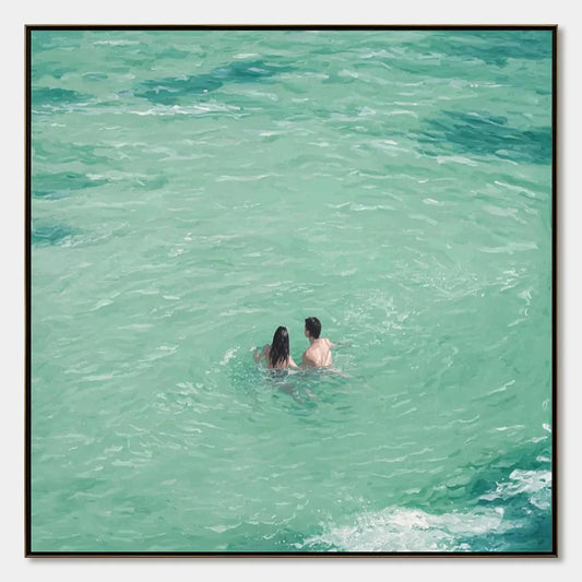 OCEAN EMBRACE: Minimalist Beach Scene Oil Painting | hanging in living room, Minimalist wall art