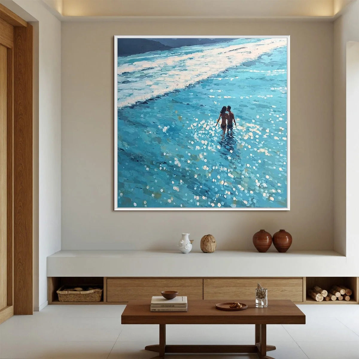 OCEAN EMBRACE: Romantic Beach Scene Oil Painting | Abstract closeup, raised brushwork detail