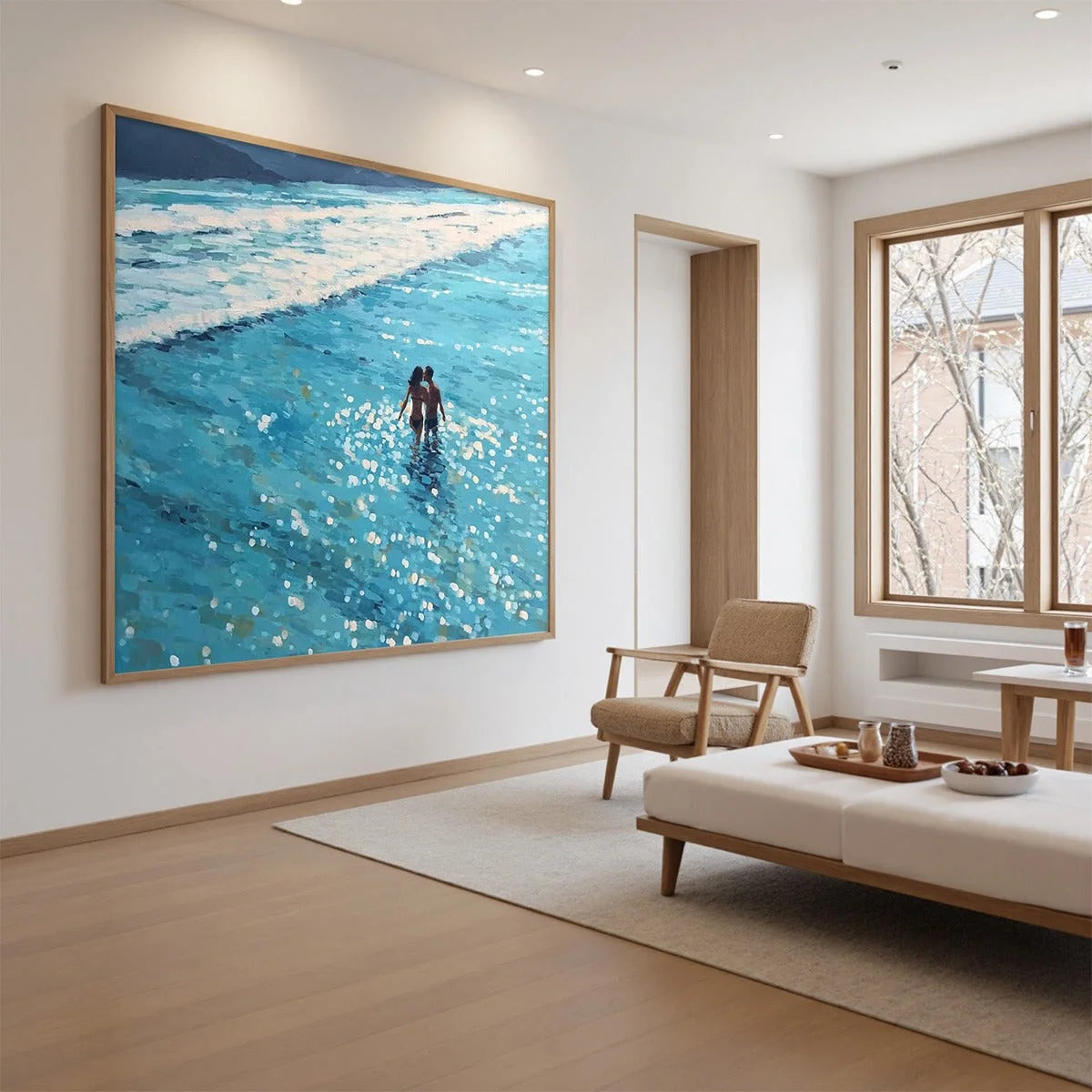OCEAN EMBRACE: Romantic Beach Scene Oil Painting | rectangular format, hand-painted canvas edge