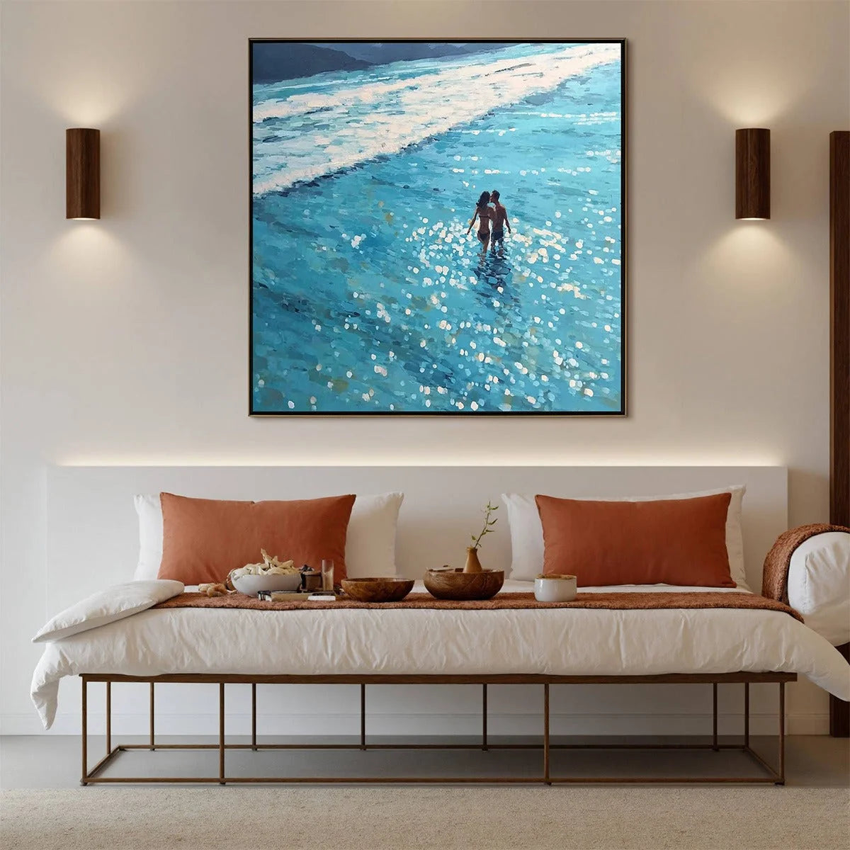 OCEAN EMBRACE: Romantic Beach Scene Oil Painting | gold frame stretched on neutral wall