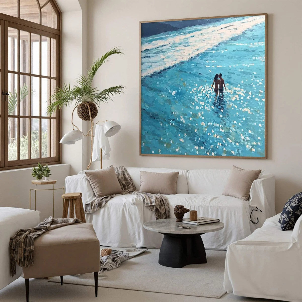 OCEAN EMBRACE: Romantic Beach Scene Oil Painting | rolled canvas, ready for custom framing