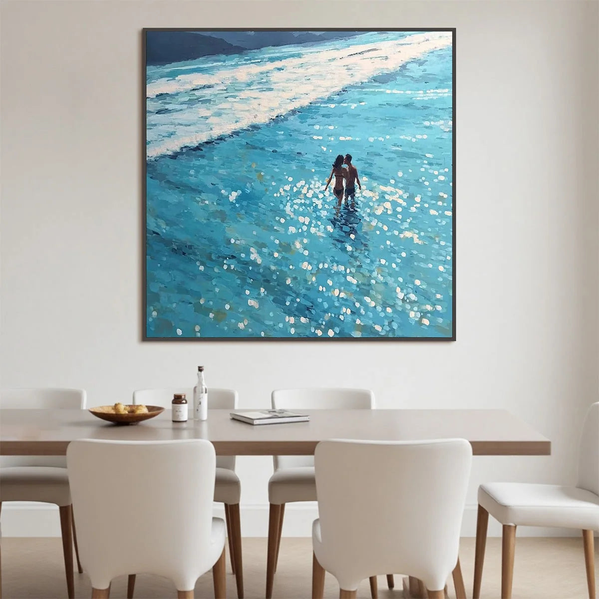 OCEAN EMBRACE: Romantic Beach Scene Oil Painting | Abstract mood, soft natural light studio shot