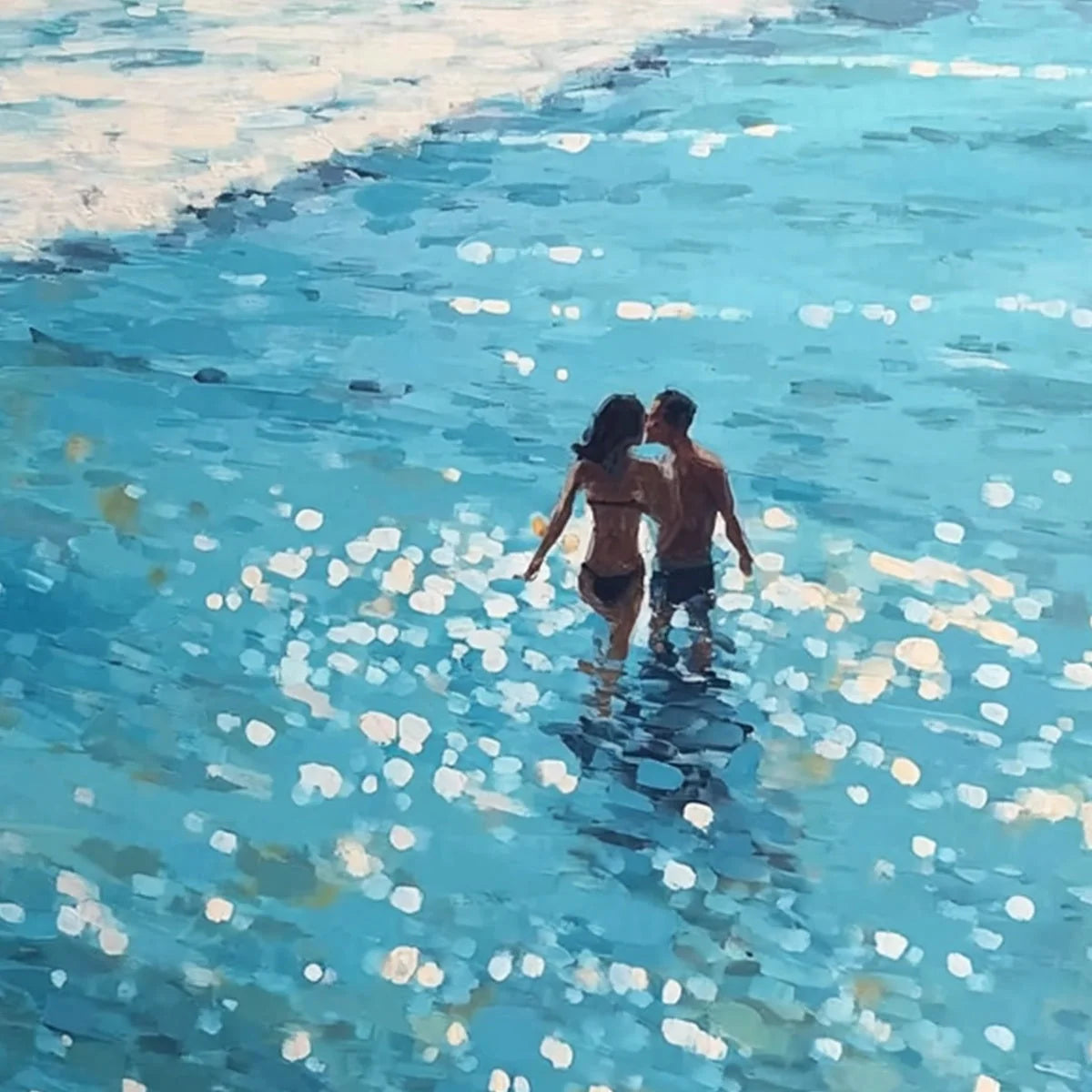 OCEAN EMBRACE: Romantic Beach Scene Oil Painting | multi-color palette, original oil on stretched canvas art