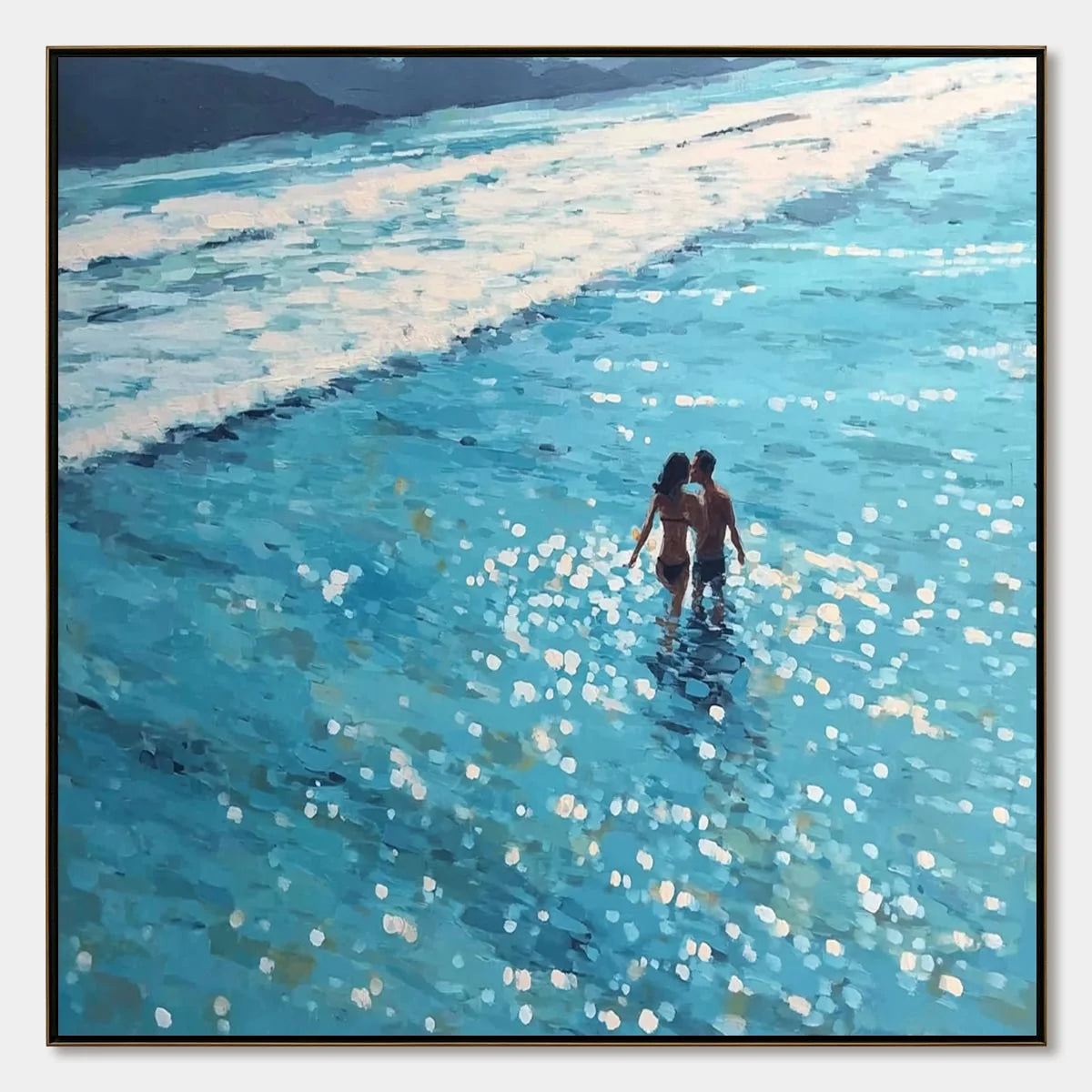 OCEAN EMBRACE: Romantic Beach Scene Oil Painting | hanging in living room, Abstract wall art