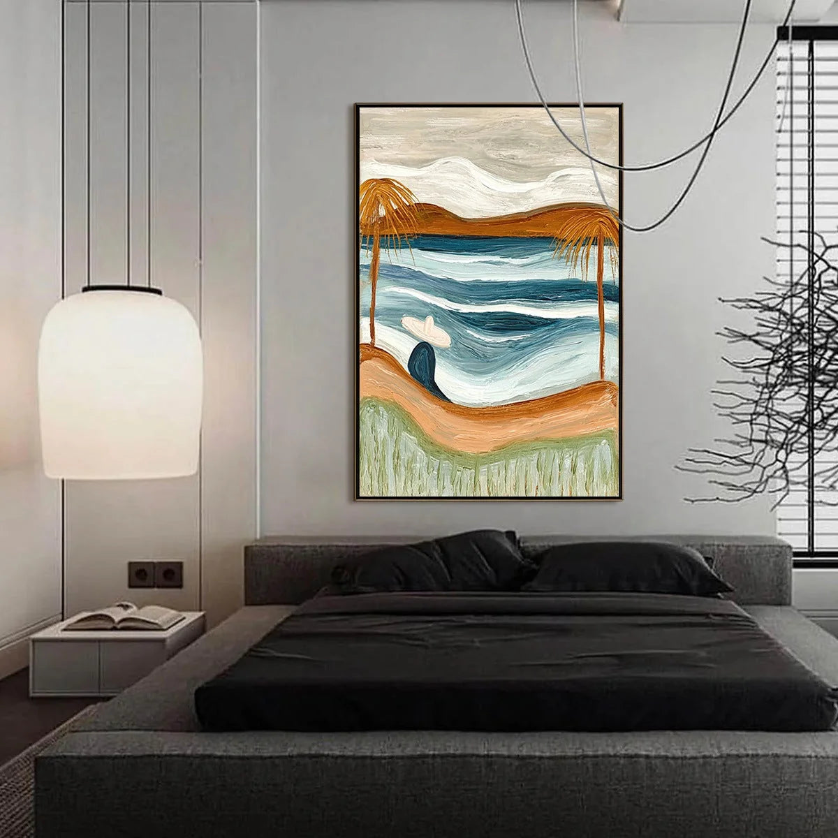 OCEAN REVERIE: Textured Wabi Sabi Style Coastal Landscape Painting | gold frame stretched on neutral wall