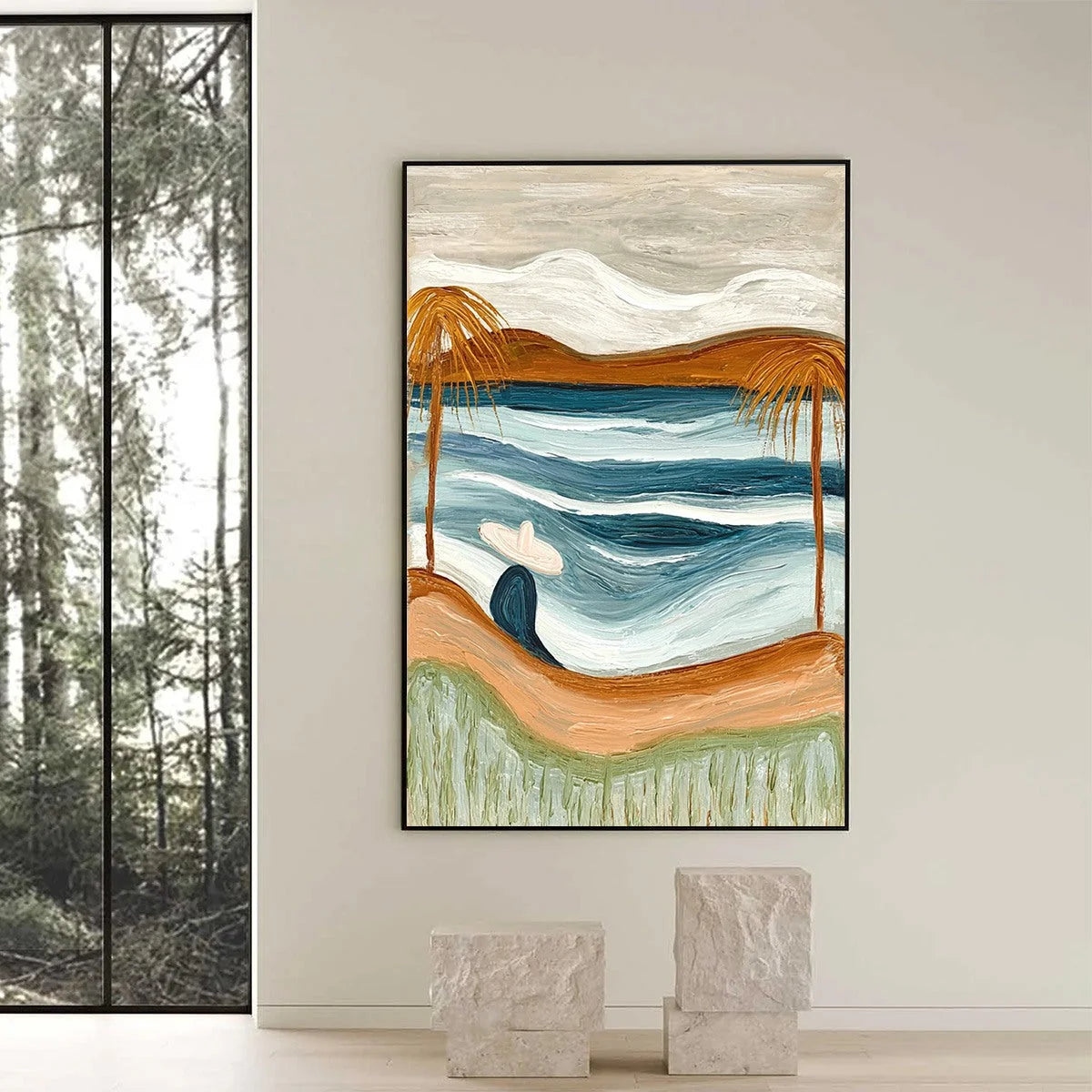 OCEAN REVERIE: Textured Wabi Sabi Style Coastal Landscape Painting | black frame version on white wall