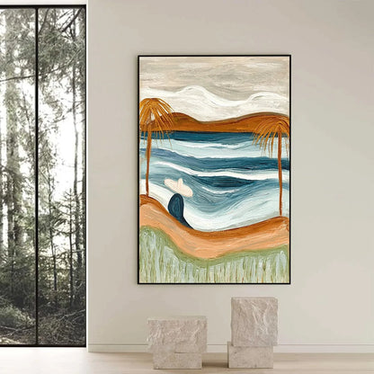 OCEAN REVERIE: Textured Wabi Sabi Style Coastal Landscape Painting | black frame version on white wall