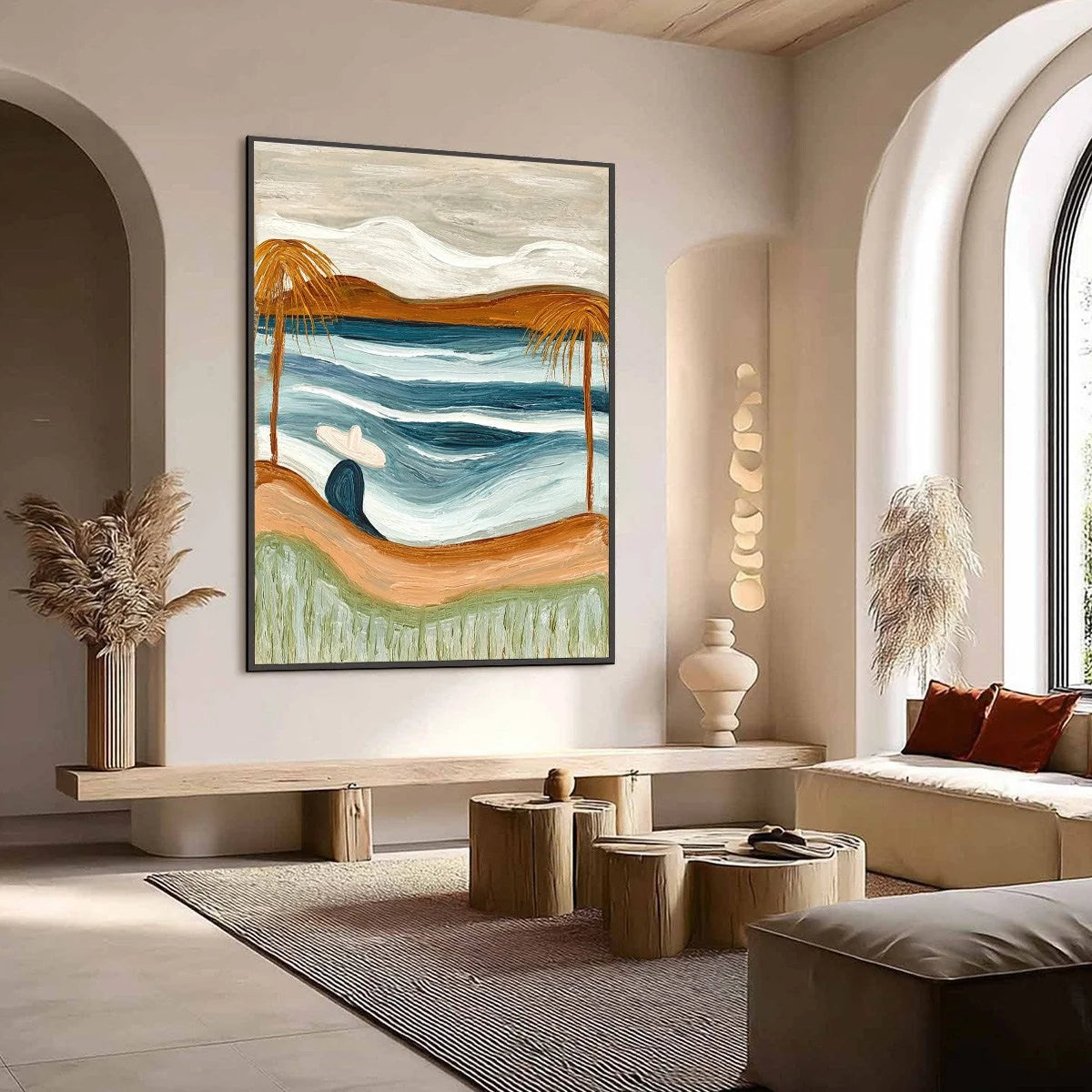 OCEAN REVERIE: Textured Wabi Sabi Style Coastal Landscape Painting | Landscape mood, soft natural light studio shot