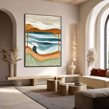 OCEAN REVERIE: Textured Wabi Sabi Style Coastal Landscape Painting | Landscape mood, soft natural light studio shot