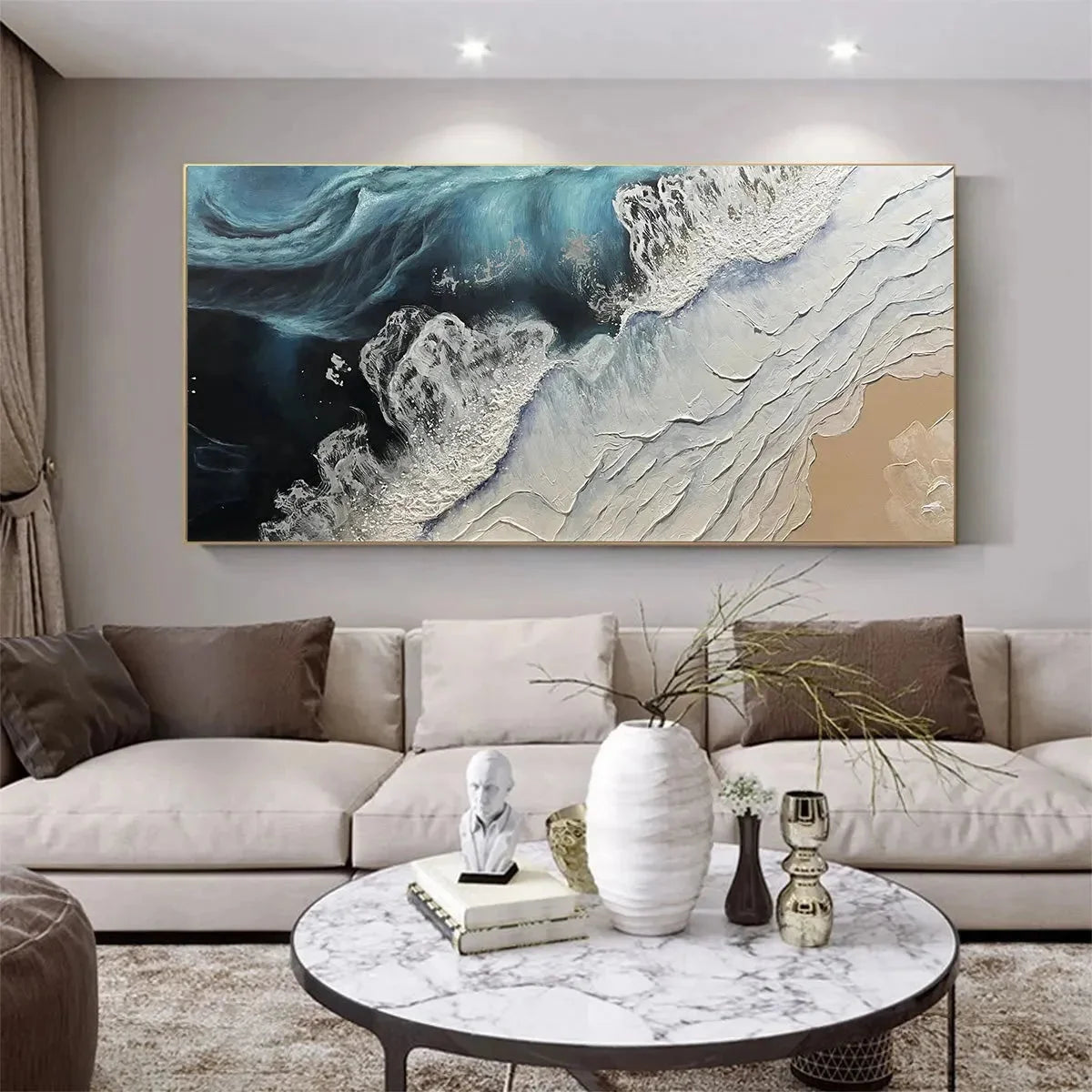 OCEAN’S EMBRACE: Ocean Painting in Blue, White, and Beige, Textured Canvas, Modern Wall Art | Abstract closeup, raised brushwork detail