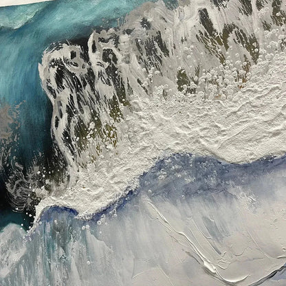 OCEAN’S EMBRACE: Ocean Painting in Blue, White, and Beige, Textured Canvas, Modern Wall Art | rectangular format, hand-painted canvas edge