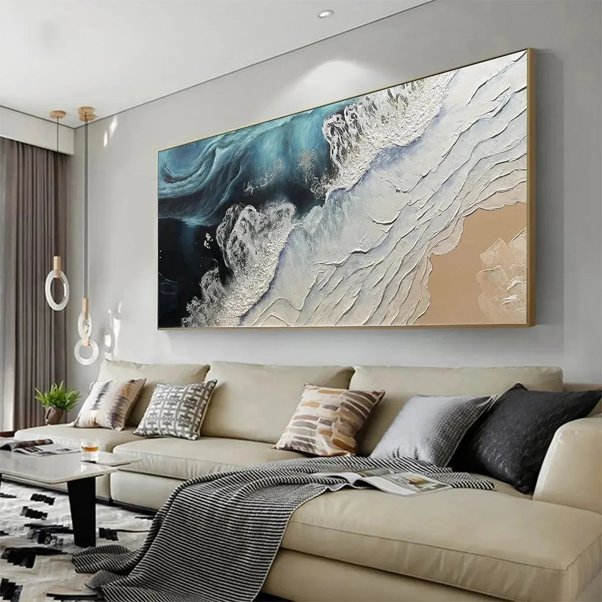 OCEAN’S EMBRACE: Ocean Painting in Blue, White, and Beige, Textured Canvas, Modern Wall Art | gold frame stretched on neutral wall