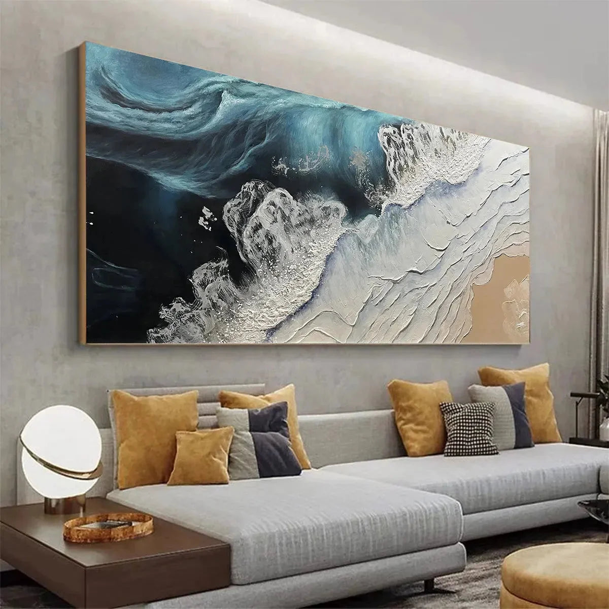 OCEAN’S EMBRACE: Ocean Painting in Blue, White, and Beige, Textured Canvas, Modern Wall Art | rolled canvas, ready for custom framing