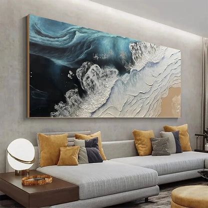 OCEAN’S EMBRACE: Ocean Painting in Blue, White, and Beige, Textured Canvas, Modern Wall Art | rolled canvas, ready for custom framing