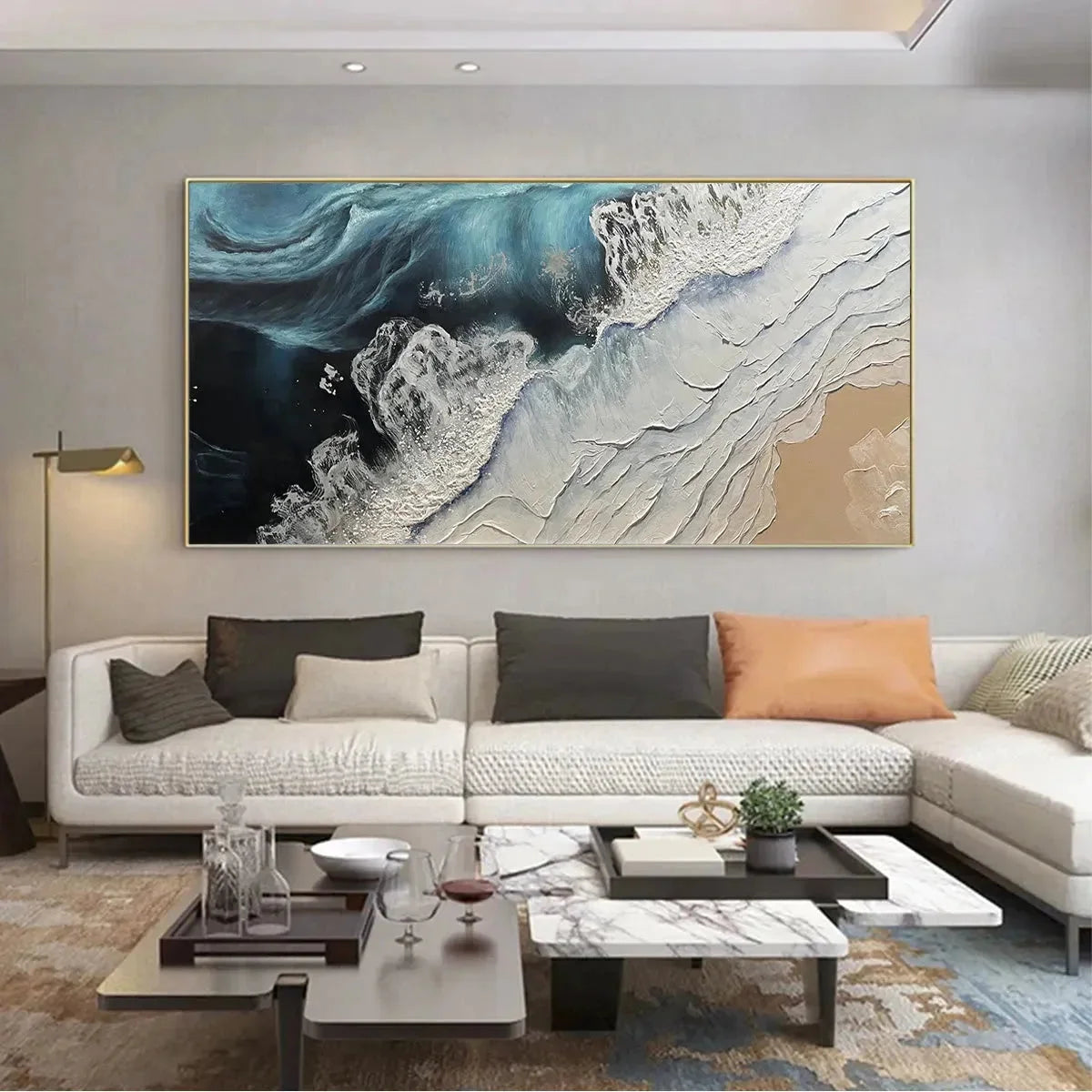 OCEAN’S EMBRACE: Ocean Painting in Blue, White, and Beige, Textured Canvas, Modern Wall Art | Abstract mood, soft natural light studio shot