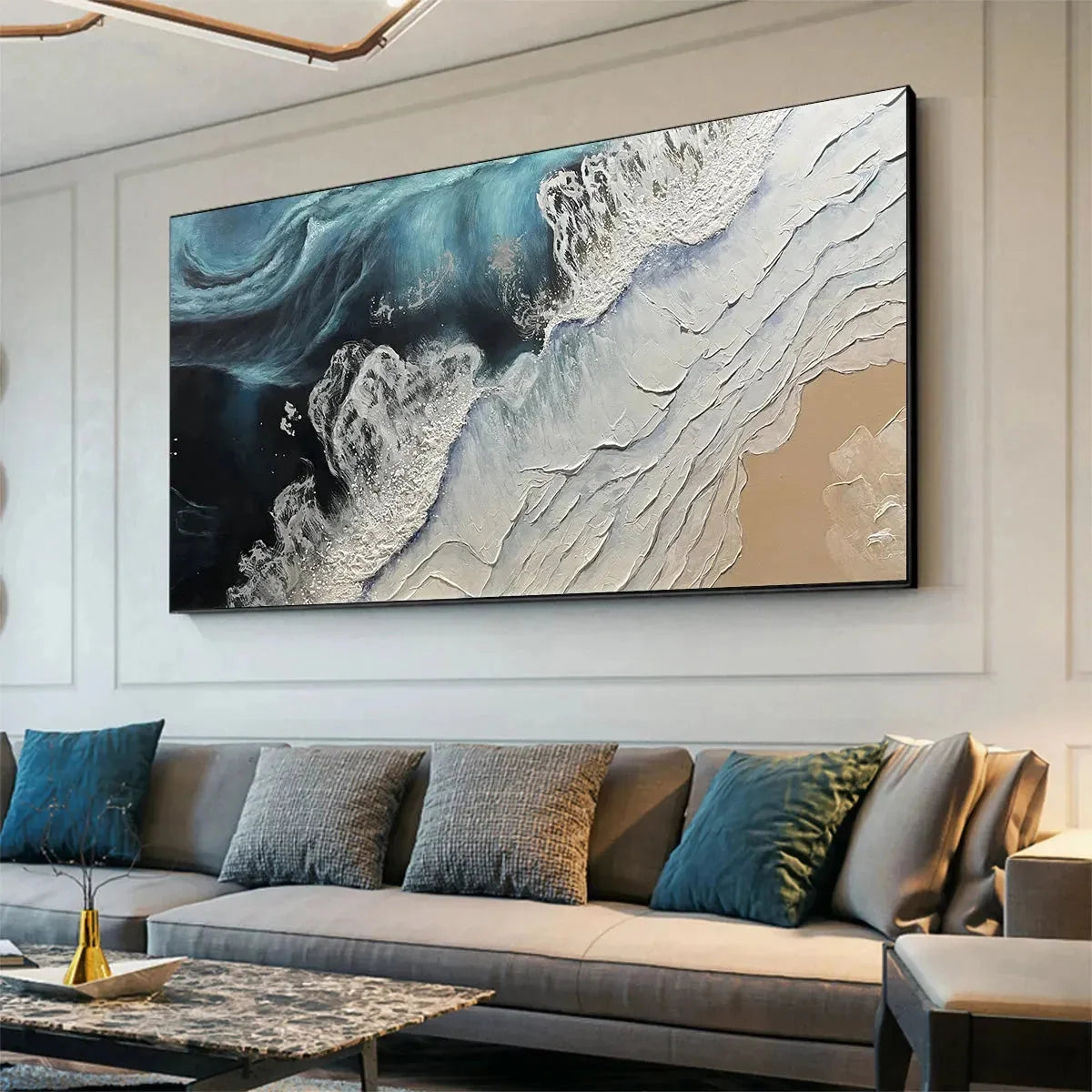 OCEAN’S EMBRACE: Ocean Painting in Blue, White, and Beige, Textured Canvas, Modern Wall Art | beige palette, original oil on stretched canvas art