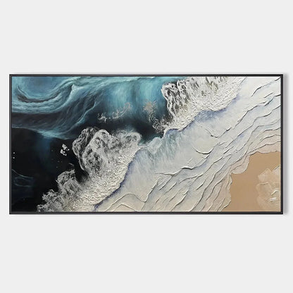 OCEAN’S EMBRACE: Ocean Painting in Blue, White, and Beige, Textured Canvas, Modern Wall Art | hanging in living room, Abstract wall art