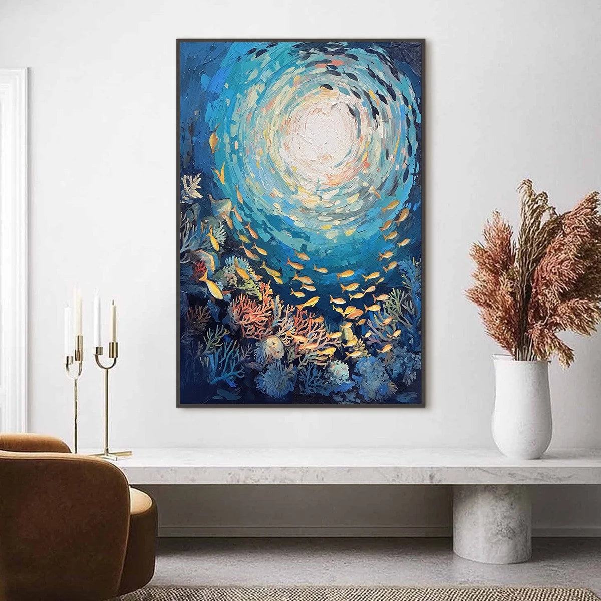 OCEAN’S GRACE: Textured Impasto Seascape Painting | gold frame stretched on neutral wall
