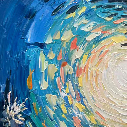 OCEAN’S GRACE: Textured Impasto Seascape Painting | black frame version on white wall