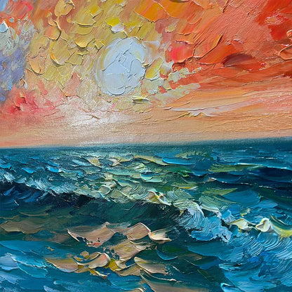 OCEAN SUNSET: Impasto Seascape Painting | rectangular format, hand-painted canvas edge