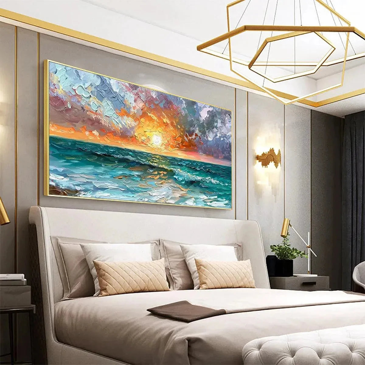 OCEAN SUNSET: Impasto Seascape Painting | gold frame stretched on neutral wall