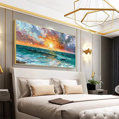 OCEAN SUNSET: Impasto Seascape Painting | gold frame stretched on neutral wall