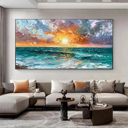 OCEAN SUNSET: Impasto Seascape Painting | black frame version on white wall