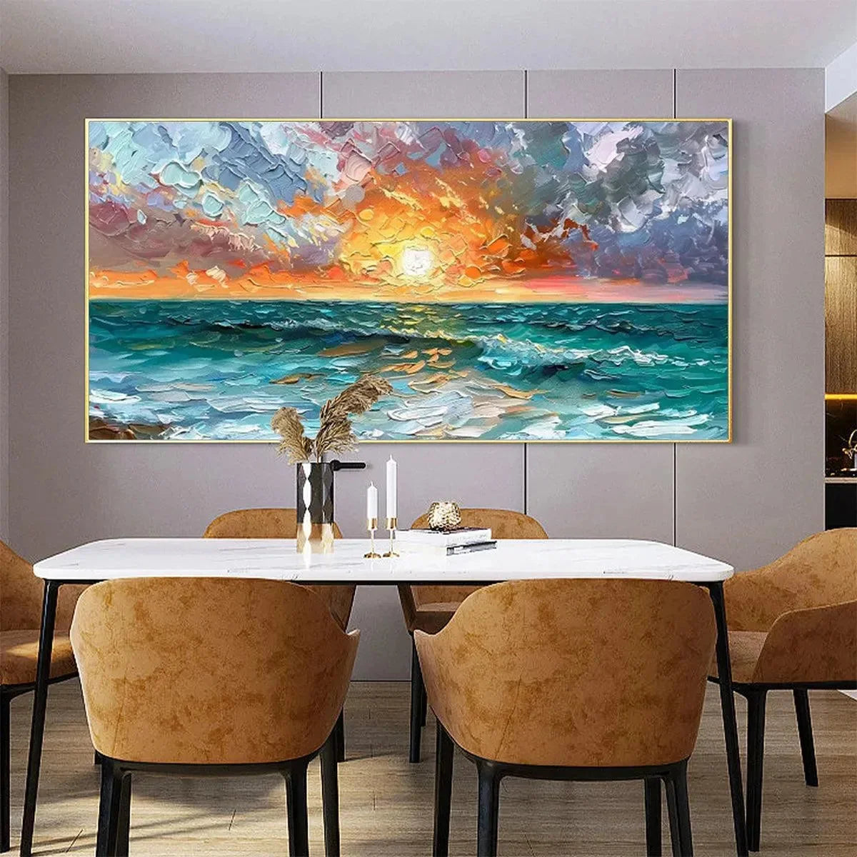 OCEAN SUNSET: Impasto Seascape Painting | multi-color palette, original oil on stretched canvas art