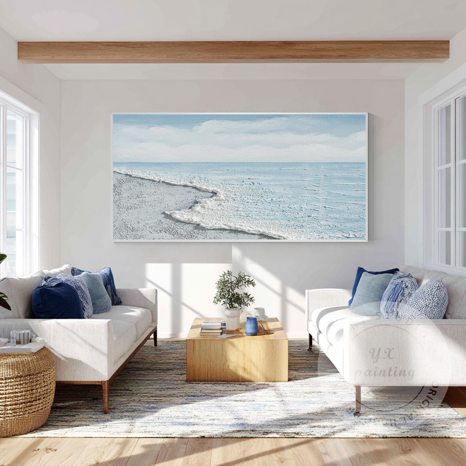 Ocean Wave Beach Canvas Wall Art, Minimalist Coastal Landscape Painting, Contemp #3